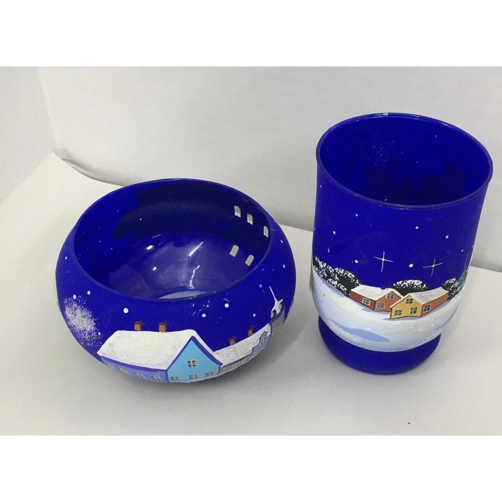 Votive Hand Painted Christmas Scenes Candle Holders Frosted‎ Cobalt Blue